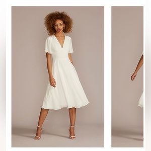 NWT David’s Bridal Chiffon Flutter Sleeve MIDI-Length Dress in Soft White
